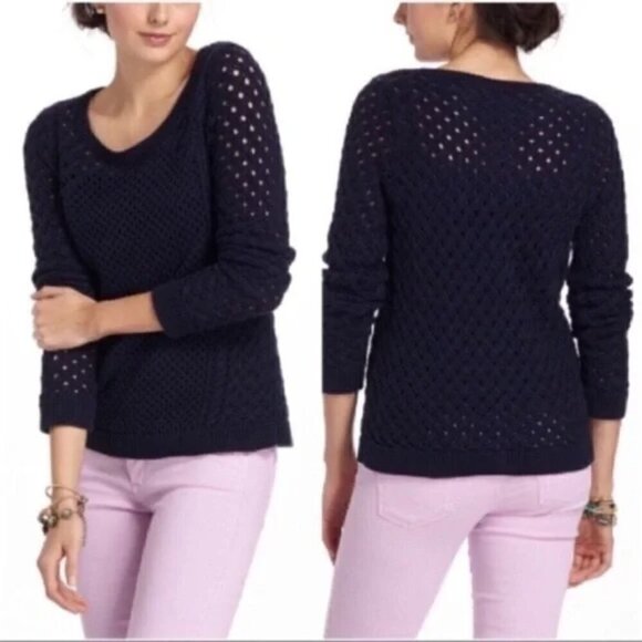 ANTHROPOLOGIE Moth Medley Stitched Navy Blue Loose Knit Sweater Size S - Picture 1 of 4